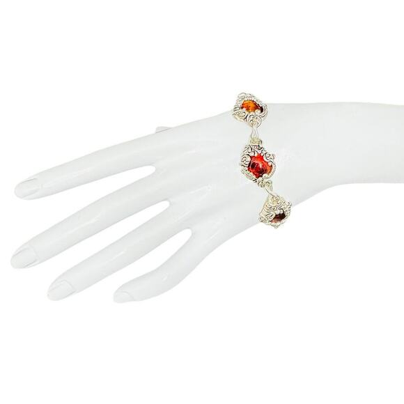 Amber Cabochon Textured Designed Link Bracelet Magnetic Clasp Over Silver Plated - Picture 2 of 10